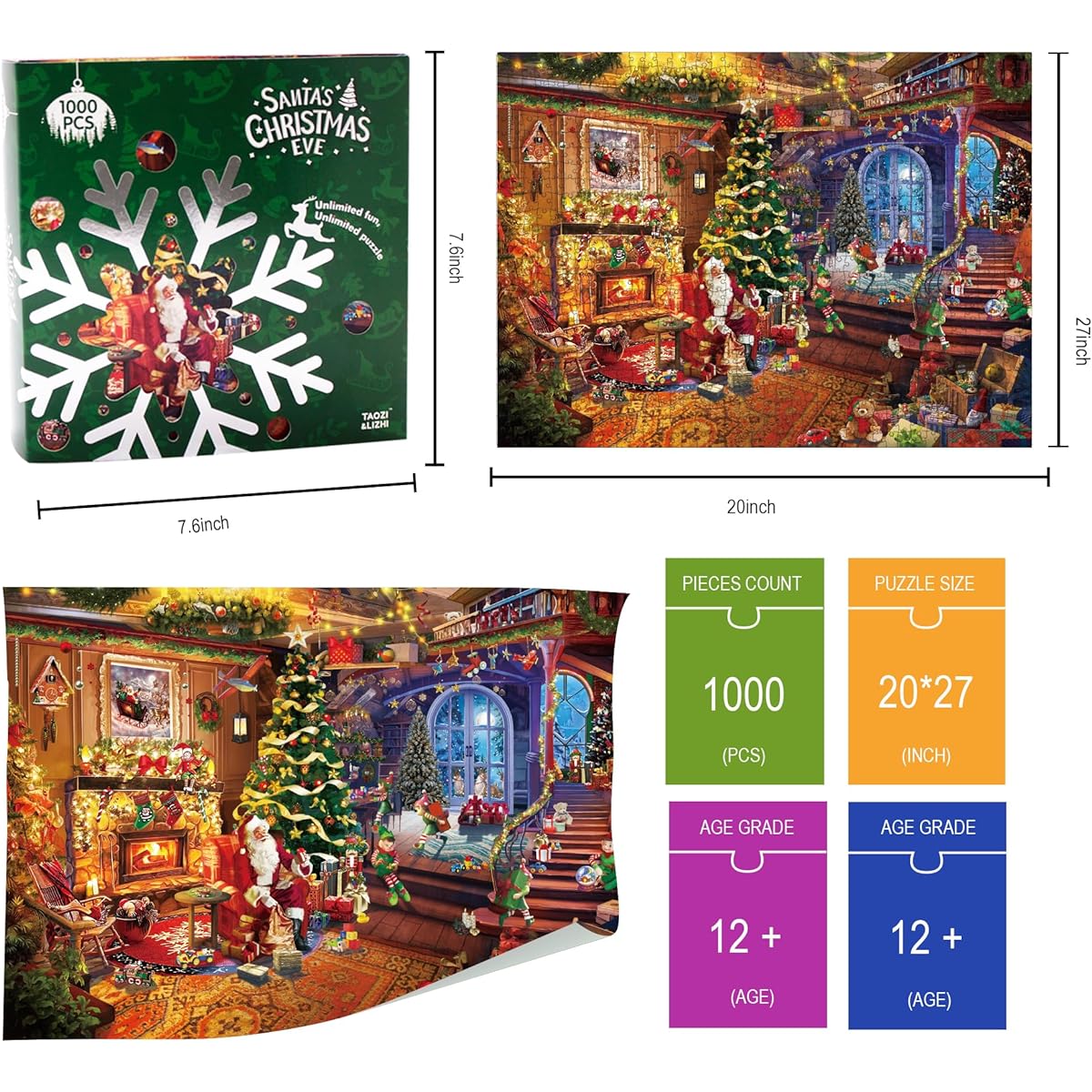 TAOZI&LIZHI Christmas Puzzle for Adults 1,000 Piece Santa Christmas Eve Christmas Jigsaw Puzzle Gift for Women Men Kids - Santa Claus at the Fireplace Presents Santa Wish List (27x20 Inch)