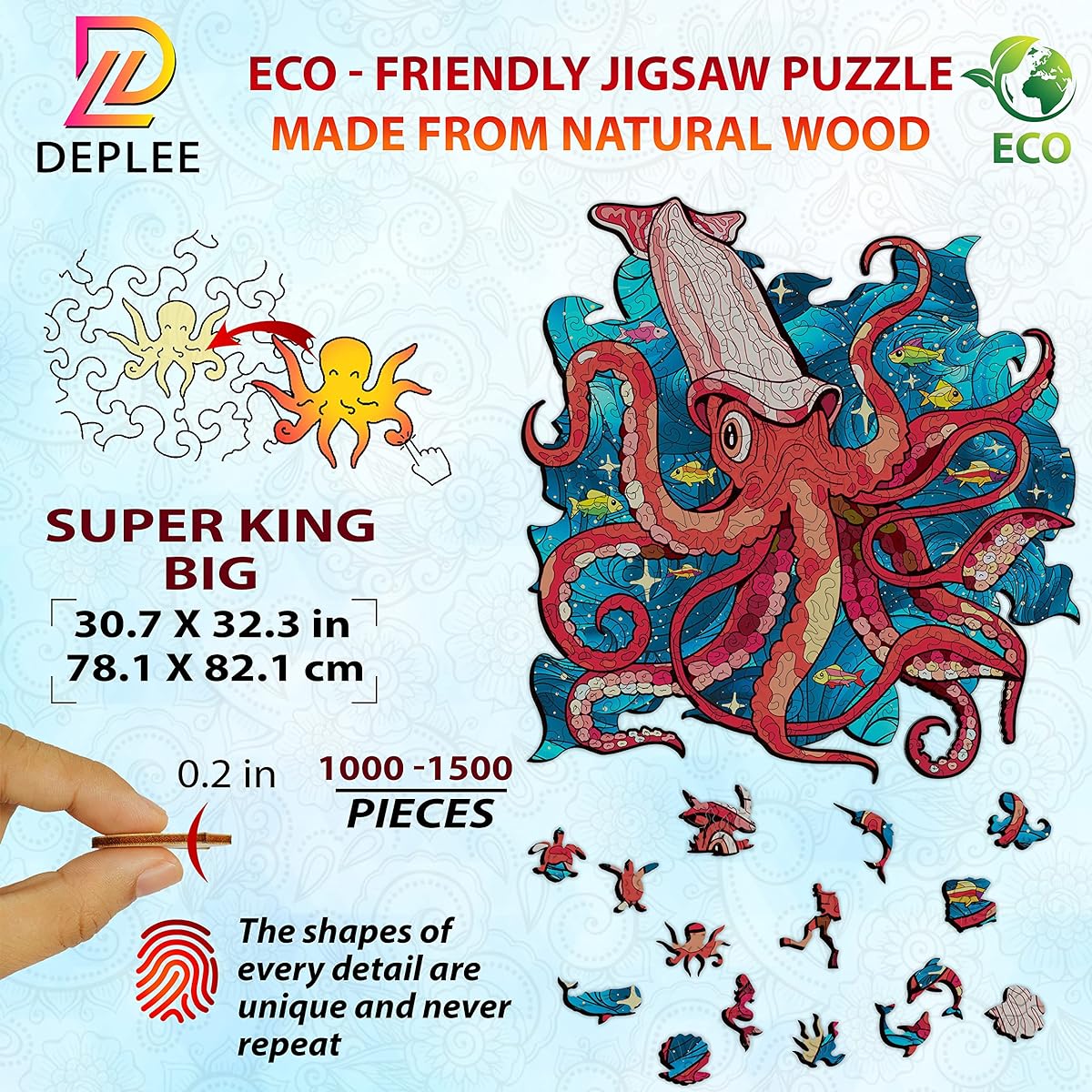 DEPLEE Wooden Puzzle for Adults Squid Wooden Jigsaw Puzzle Unique Shape Wooden Animal Puzzle Creative Challenge for Adults, Family, Friends | 700-900 Pieces - 12.7x32.2 Inch | Super Big