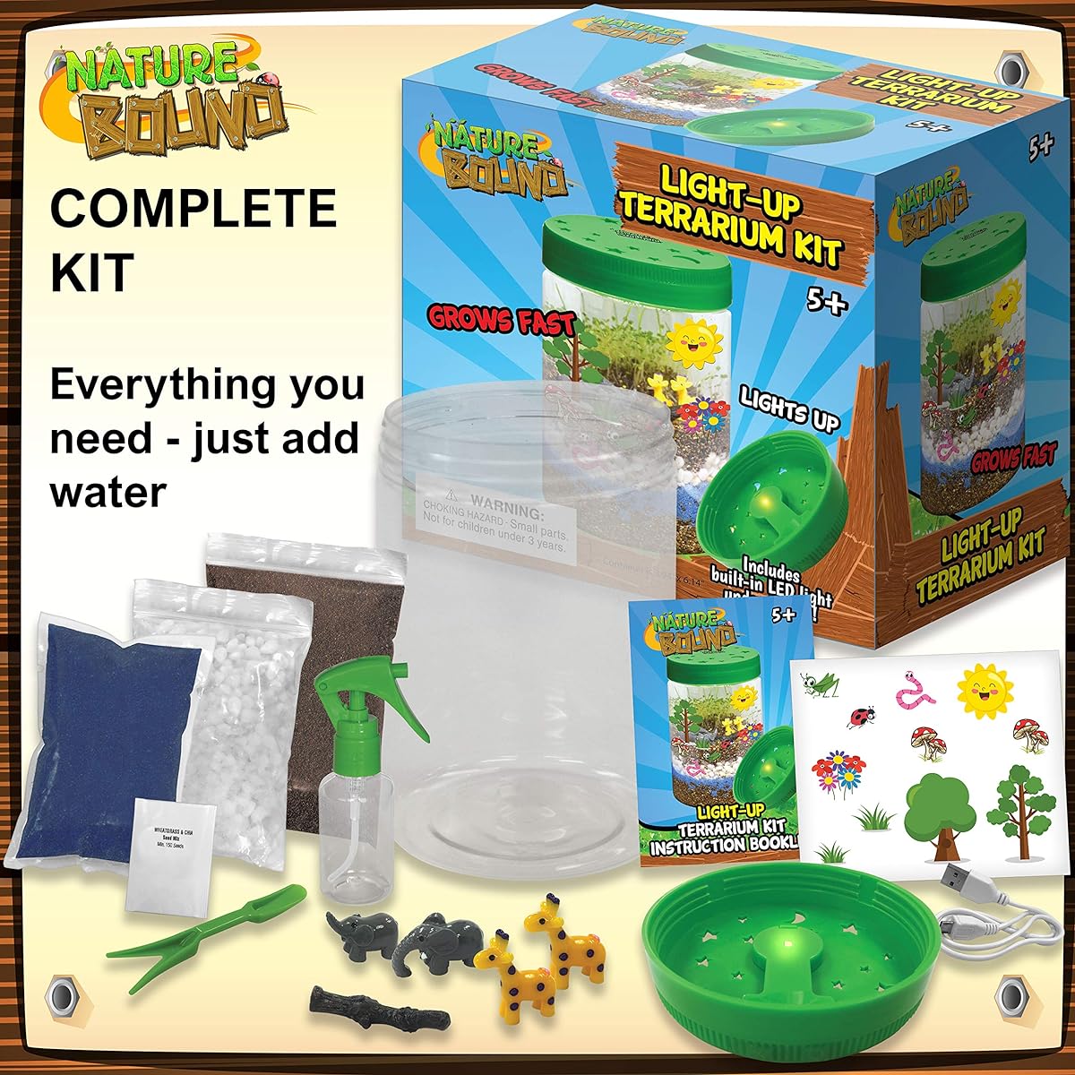 Nature Bound Light Up Terrarium Kit with LED Lights for Kids - Puppy Animal Theme - STEM Science Kit for Boys & Girls - Plant Gardening Gift for Kids (Green)