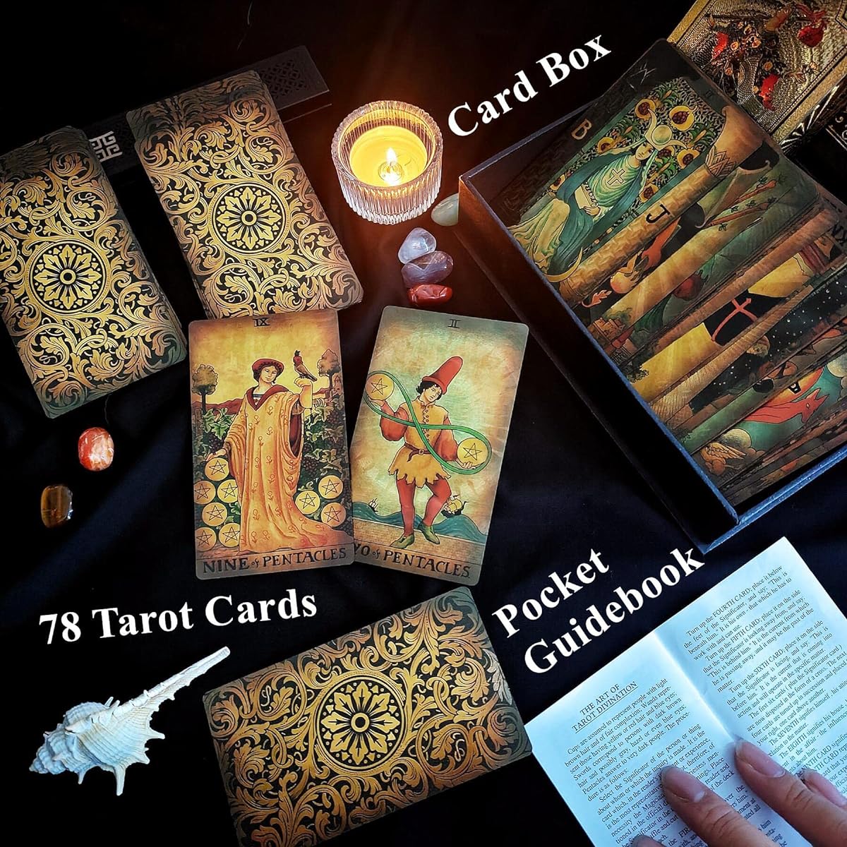 KLKOKVKE Tarot Card Set for Beginners with Guidebook Meaning PVC Waterproof Card Holder Table Mat with 7 Chakra Stones and Crystal Pendulum (Golden 05)