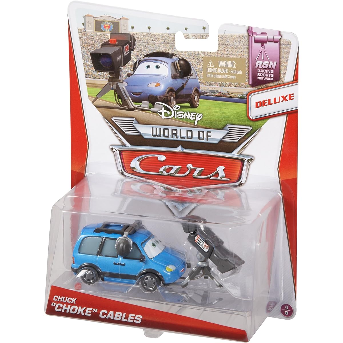 MATTEL Mattel Cars Diecast Car World of Cars "Racing Sports Network" CHUCK CHOKE CABLES / Disney PIXAR 2014 WOLRD OF CARS "RSN RACING SPORTS NETWORK" CHUCK CHOKE CABLES