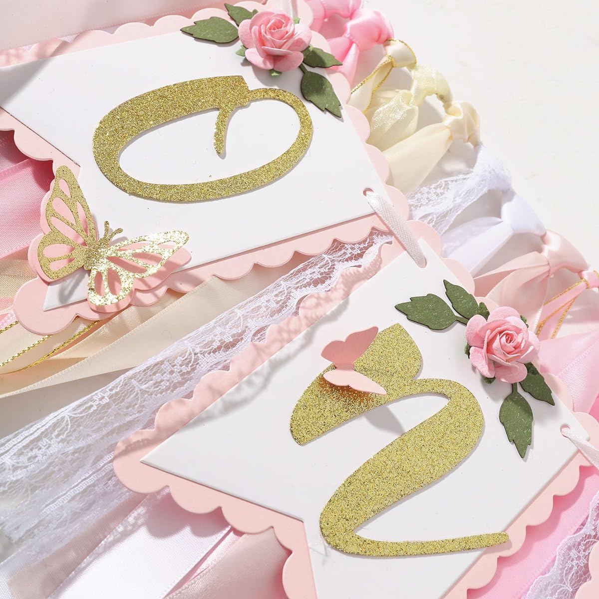 Pink and Gold Highchair Banner - Floral and Butterfly Highchair Banner 1st Birthday Party Decorations for Girls Pink 1st Birthday Decorations