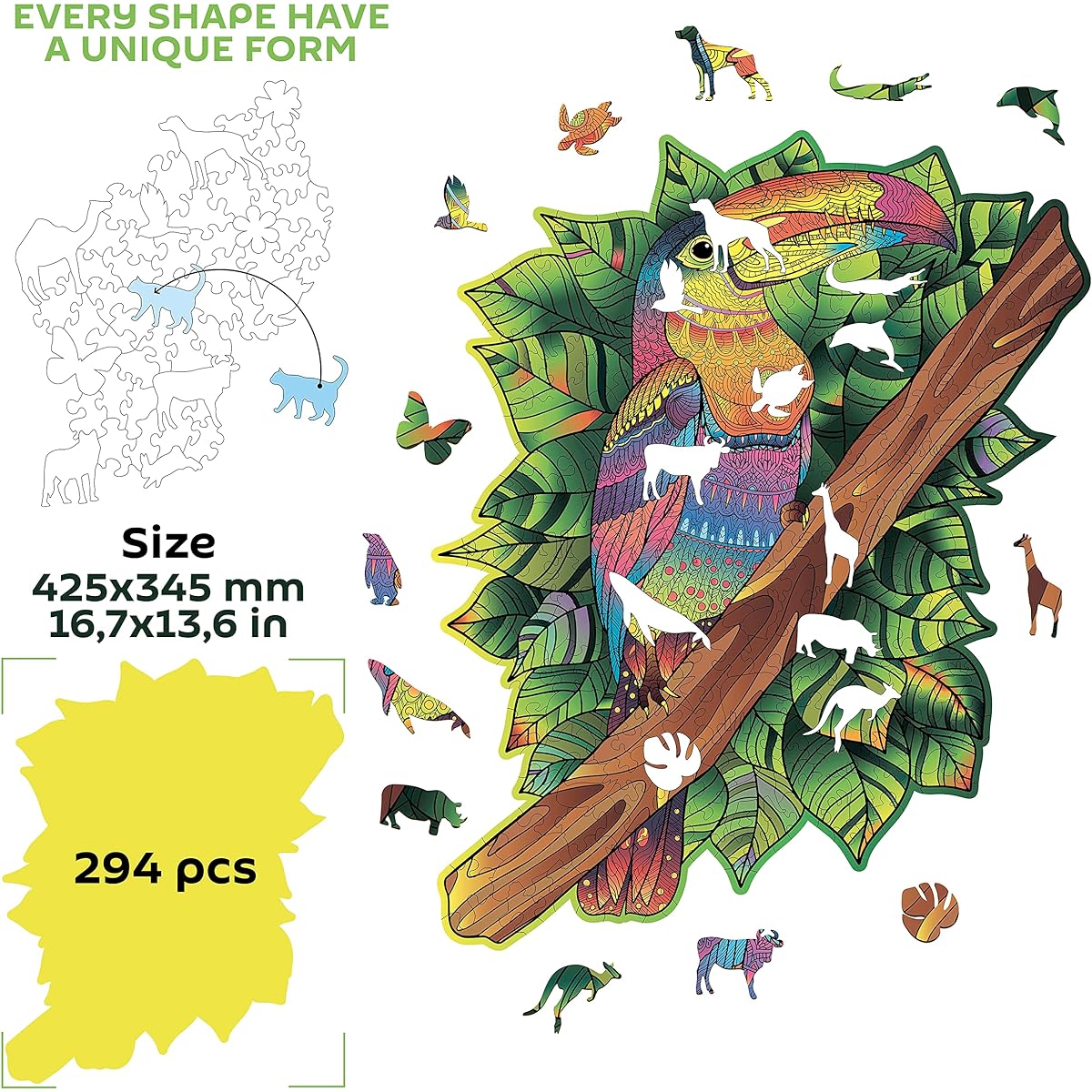 WOODSTERS Original Wooden Jigsaw Puzzle - Lucky Toucan A4 | Unique Shape | For Adults & Kids | Brain-boosting Challenges, Great for Family Fun