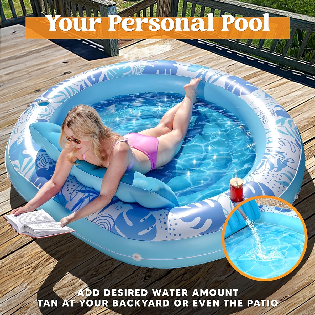 Sloosh Tanning Pool Lounger Float Round Suntan Tub for Sunbathing Heavy Duty Inflatable Pool Float for Adults Outdoor Backyard Swimming Pool Blue