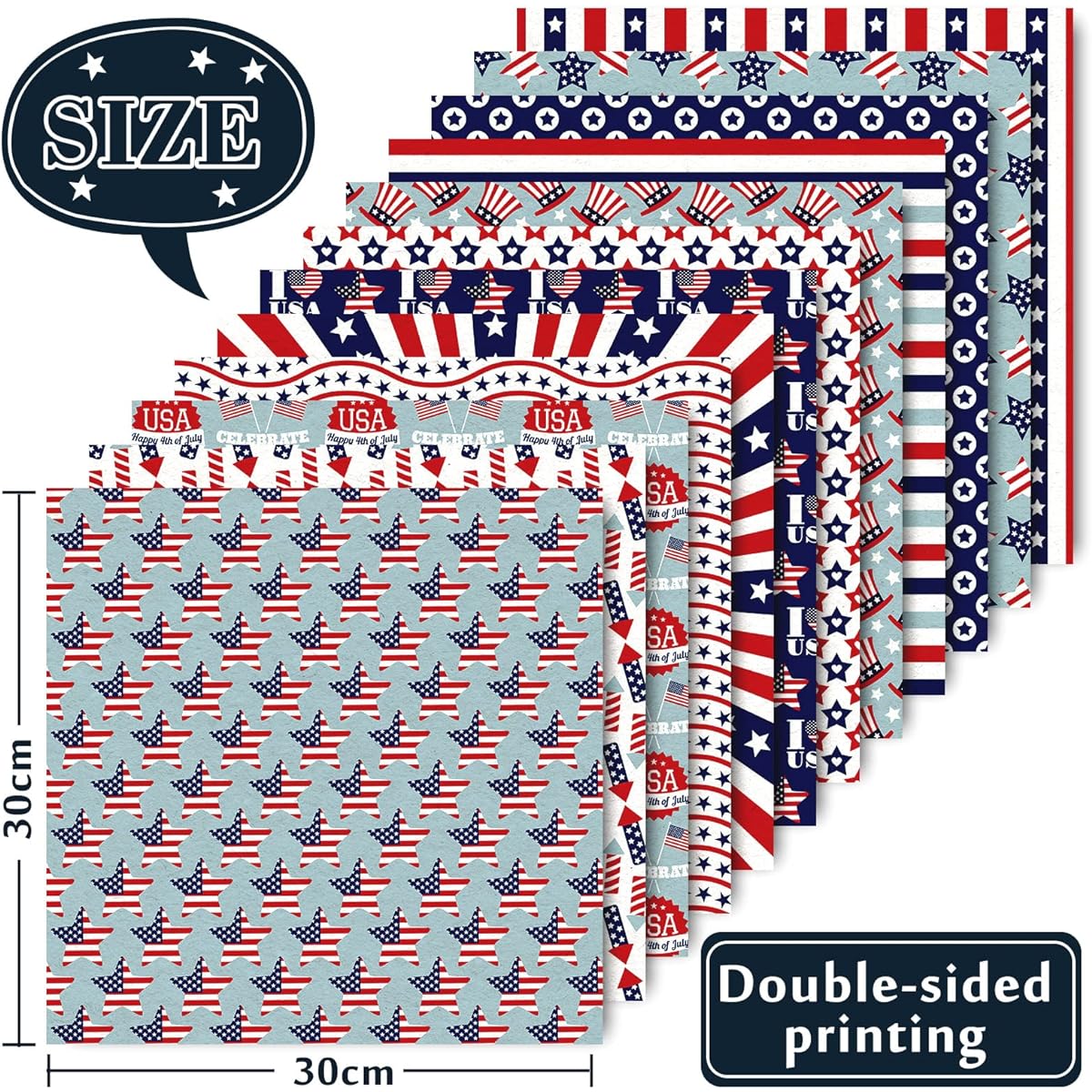Whale 24 Pieces 4th of July Pattern Paper Pack USA Flag Scrapbook Specialty Paper Double Sided Collection for Card Making Patriotic Craft Paper Scrapbooking Photo Album Decoration