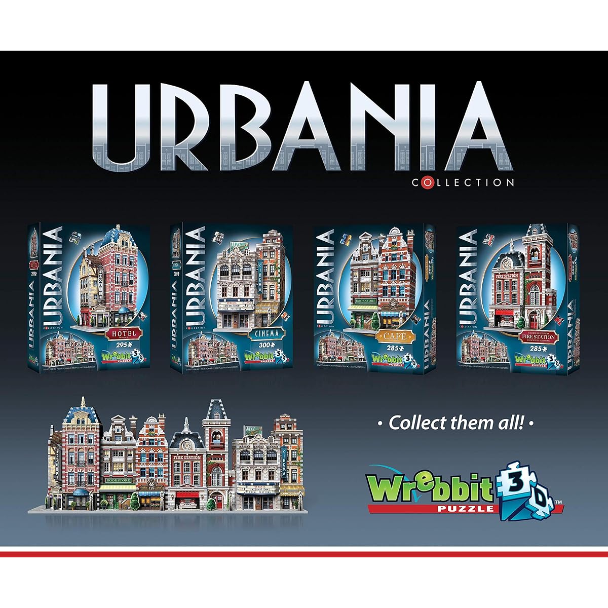 Wrebbit 3D Puzzle, Urbania Collection 4 Piece Set - Cinema, Fire Station, Cafe, Hotel 3D Jigsaw Puzzle. (Total 1165 Pieces)