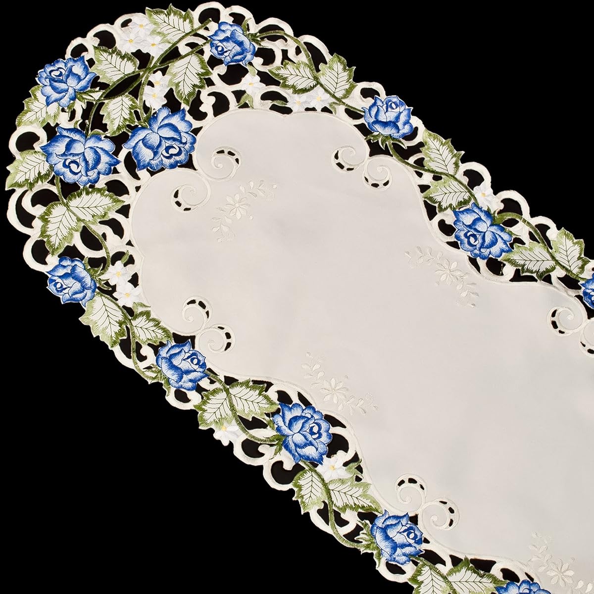 Table Runner Embroidered with Victorian Blue Roses on Ivory Fabric, Size 44 x 15 inches