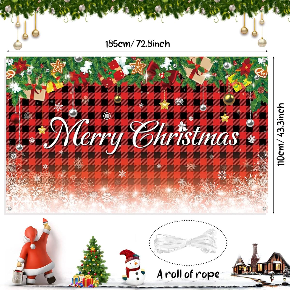 Merry Christmas Backdrop Banner, Red Buffalo Plaid Photo Background Winter Snowflake Christmas Ornaments Photo Banner Christmas Photo Booth Props Holiday Party Decorations Supplies 72.8 x 43.3 Inch