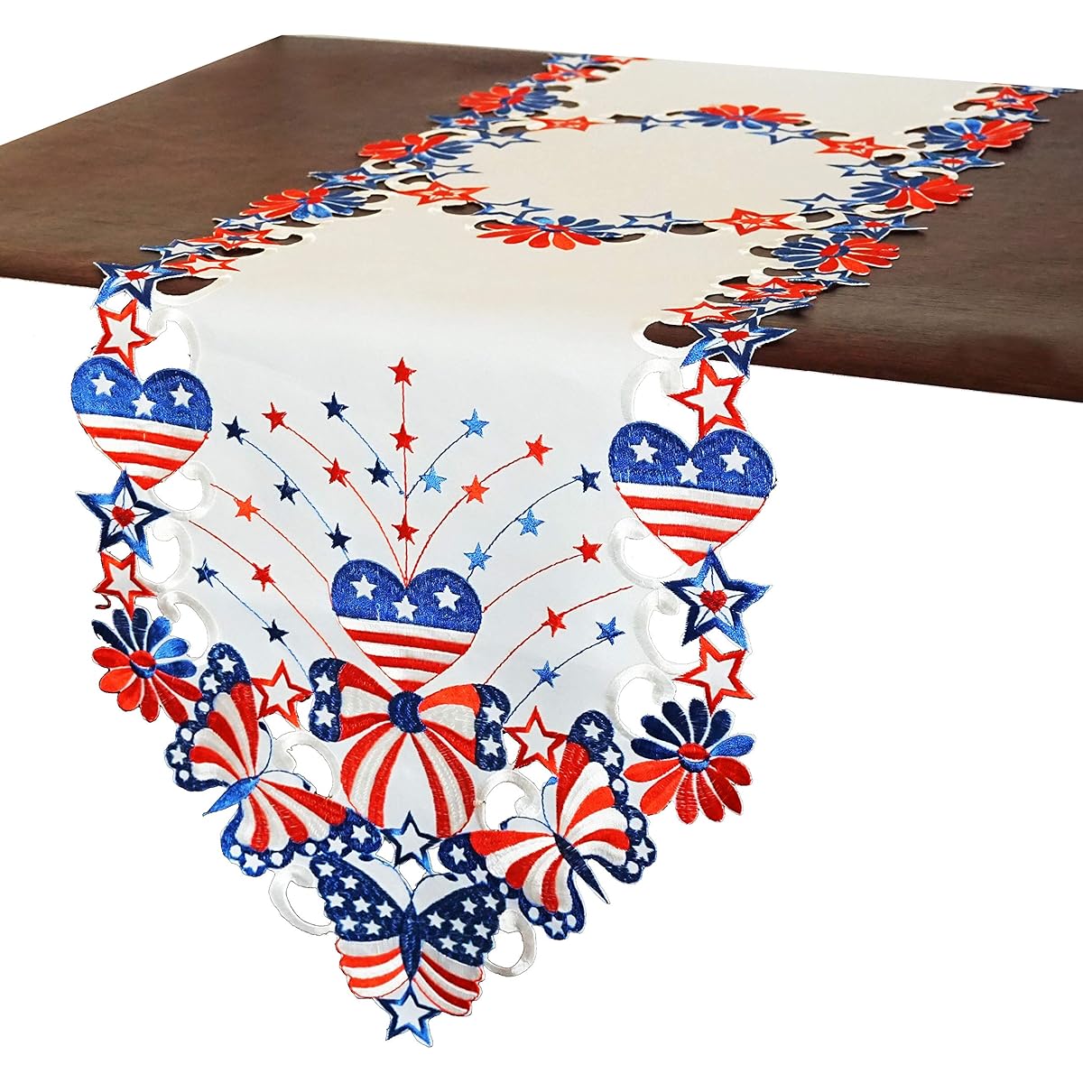CloudSun 4th of July Patriotic Table Runner American Independence Day Memorial Day Holiday Decoration Embroidered Star Heart Butterfly Floral Crafts 14x54inch RUNNER 14"x54"-1PC