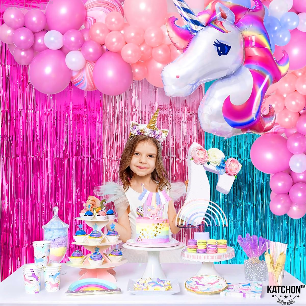 KatchOn Hot Pink and Blue Fringe Curtains - XL 3.2x8ft Set of 3 | Unicorn Party Decorations Mermaid Backdrop for Girl's Birthday | Mermaid Party Decorations | Aquamarine Foil Curtains