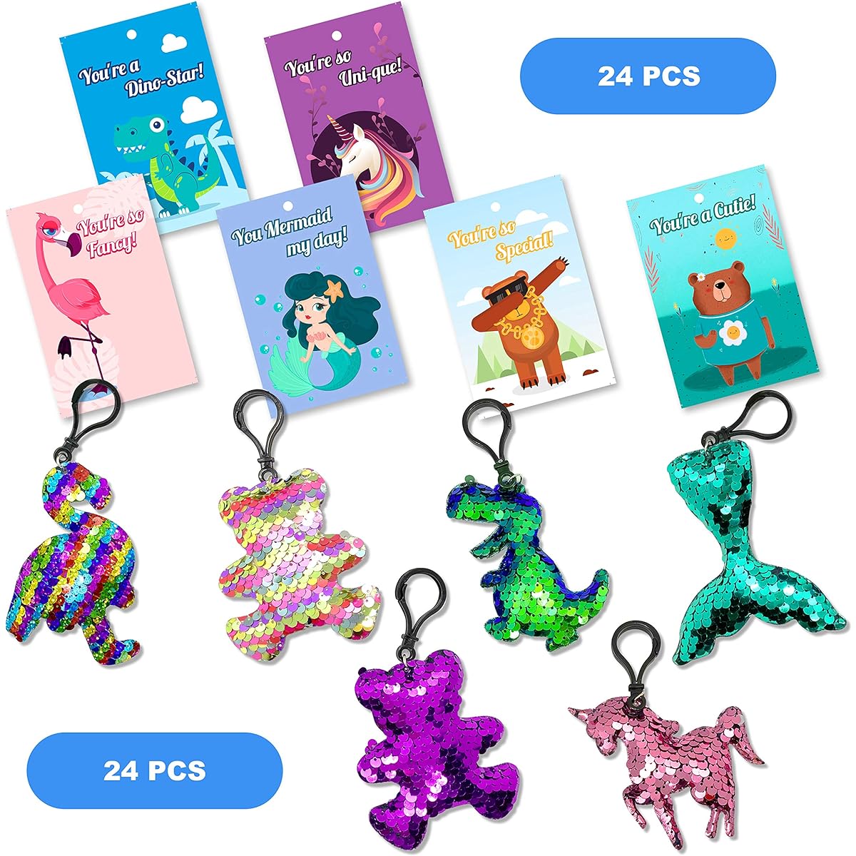 24 Pack Valentine's Day Gift Set Kids Party Favors, 48 Valentine's Day Cards with Sparkly Sequin Keychains, Valentines Classroom Exchange School Prizes