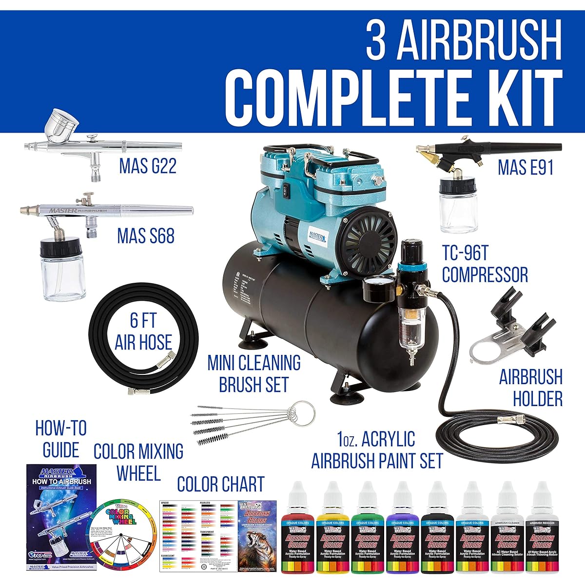 Powerful Master Airbrush Airbrush System with 3 Airbrushes, US Art Supply Primary Colors Acrylic Paint Set, Cool Runnings 1/4 Horsepower Twin Cylinder Piston Air Compressor with Air Storage Tank