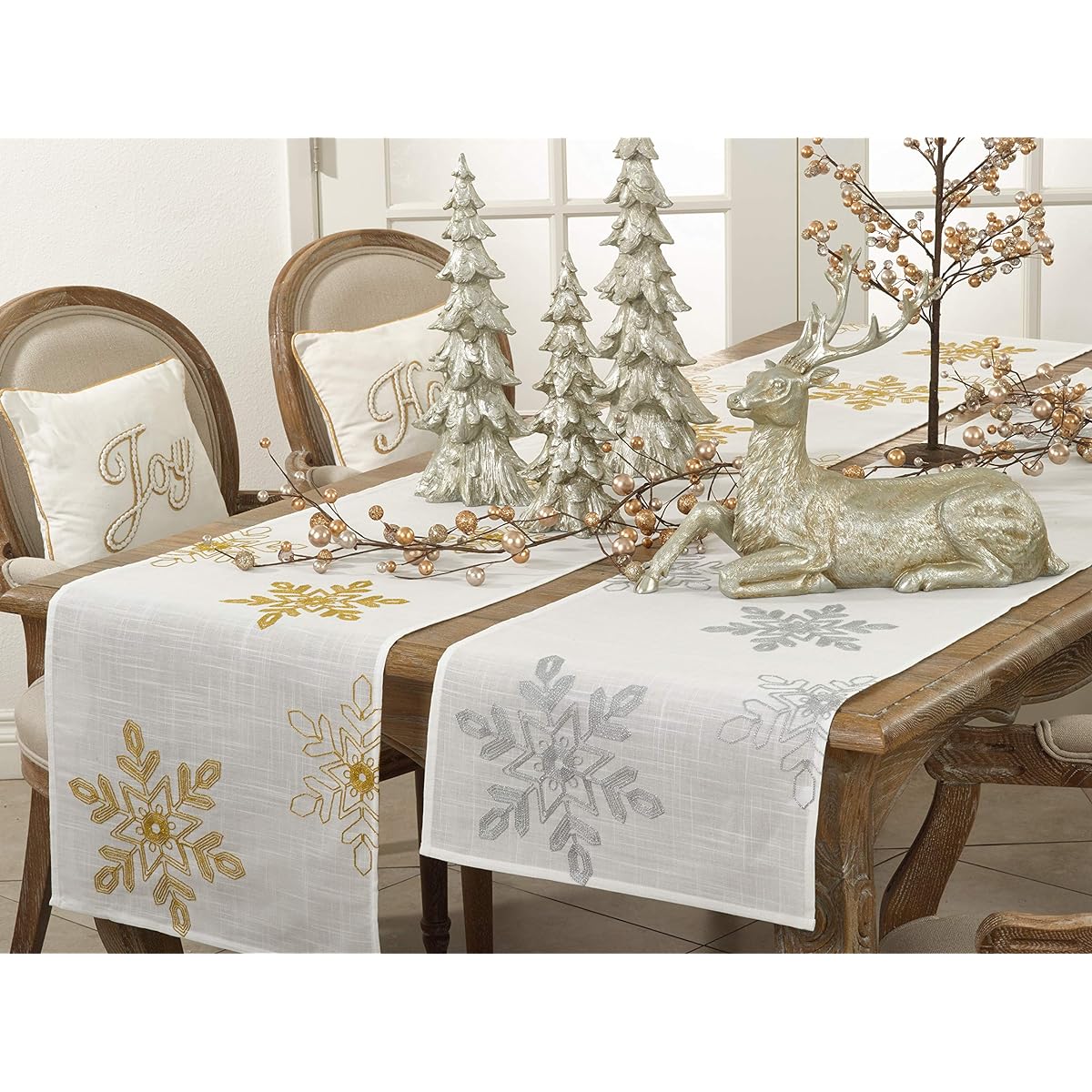 SARO LIFESTYLE Nivalis Collection Snowflake Embroidery Table Runner 16" x 90" Gold