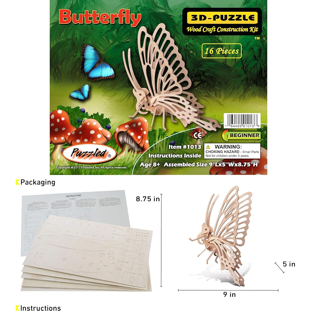 3D Jigsaw Puzzle Set of 16 Pieces 9"x5"x8.75"-Butterfly