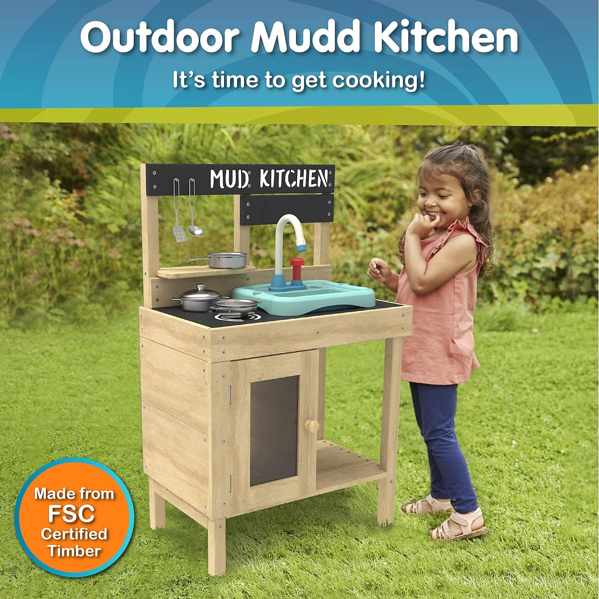 TP Toys | Splash & Play Early Fun Wooden Mud Kitchen | Outdoor Kids Mud Kitchen | Working Sink & Tap | For Outdoor Mess/Sensory/Pretend Play | Ages 3+ 93.8 x 40 x 12.5cm