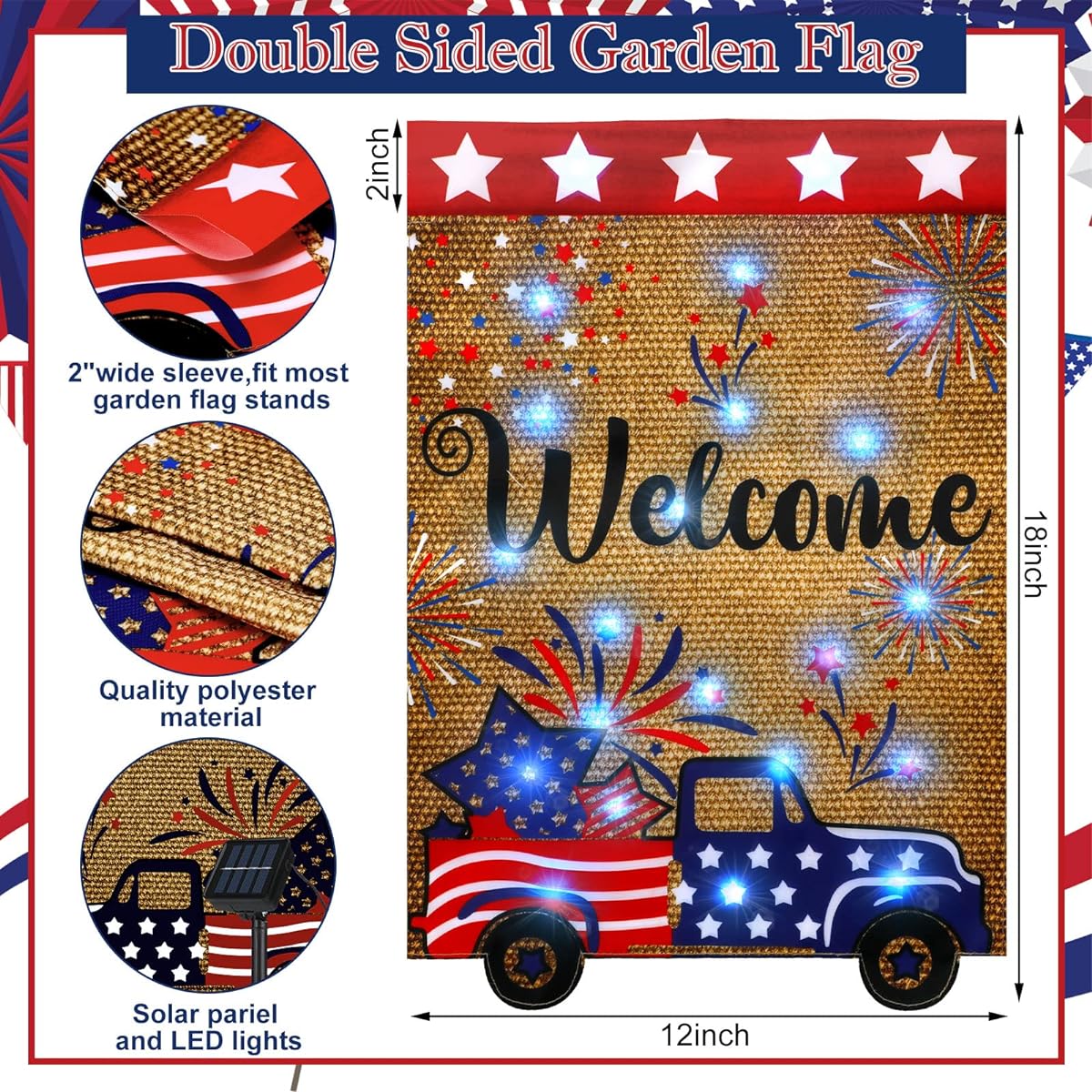 Tradder LED 4th of July Patriotic Welcome Truck Garden Flag with 22 LEDs and 8 Lighting Modes Solar 12 x 18 Inch Double Sided Garden Flag for July Patriotic Party American Memorial Day Outdoor Yard Decoration