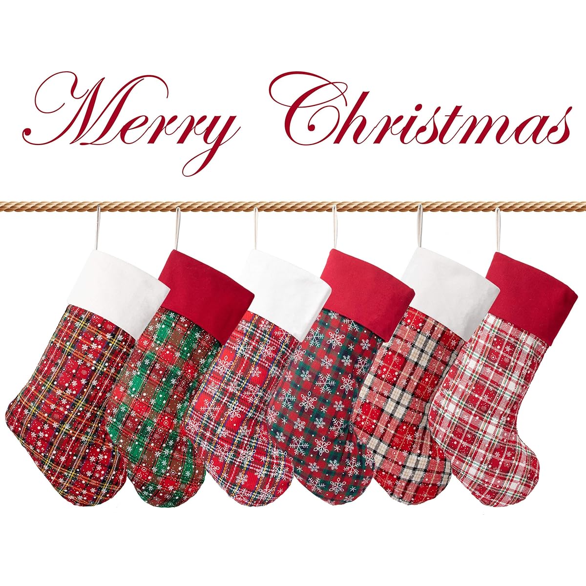 LUBOT Christmas Stockings (20 Inch) Plaid Snowflake Canvas Fireplace Hanging Christmas Stockings for Family Decorations Holiday Party Decor, Pack of 6