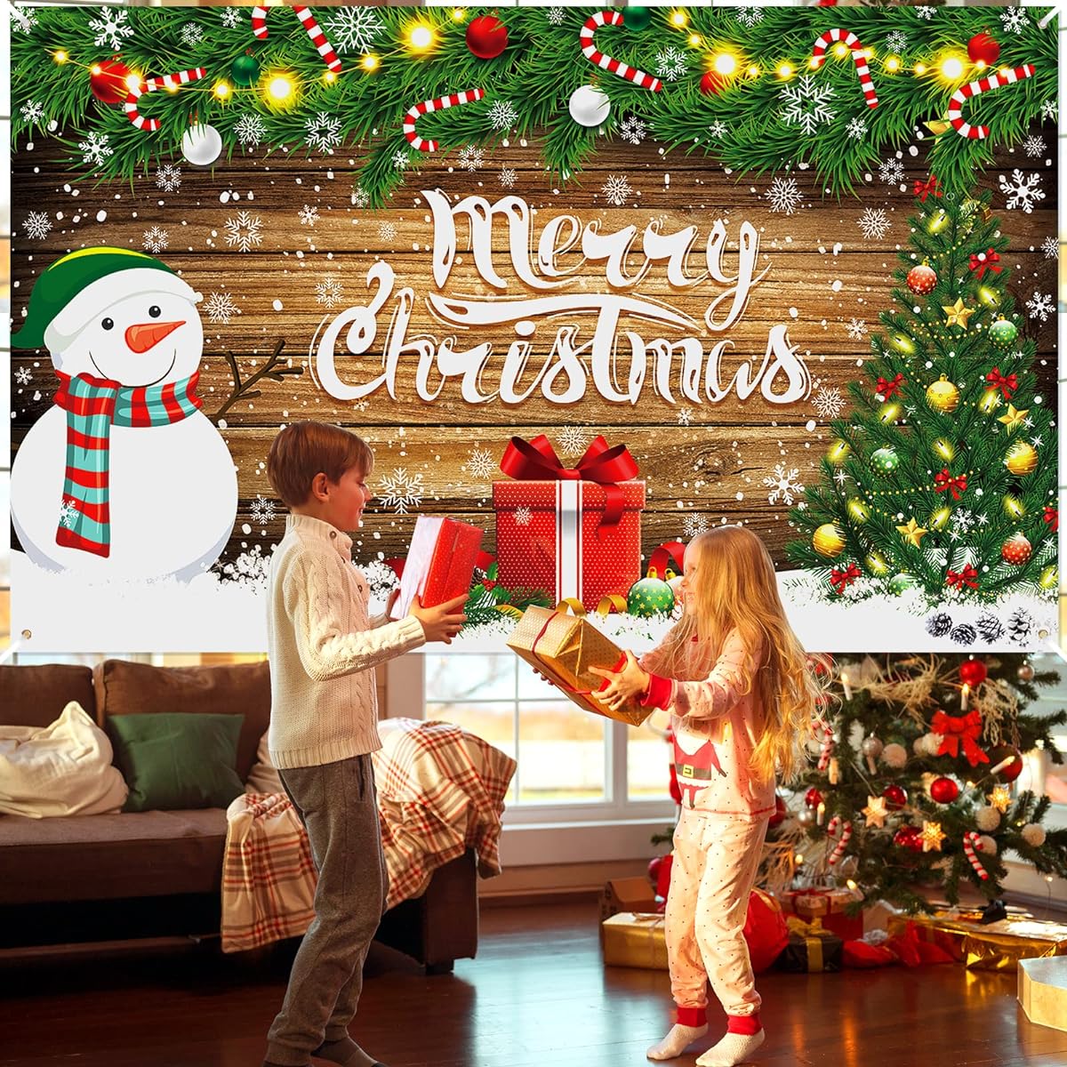 Merry Christmas Banner Decorations Wood Wall Christmas Backdrop Rustic Snowflake Christmas Banner Photo Booth Props Background Christmas Winter Holiday Party Supplies Home Decorations 73 x 44 Inch