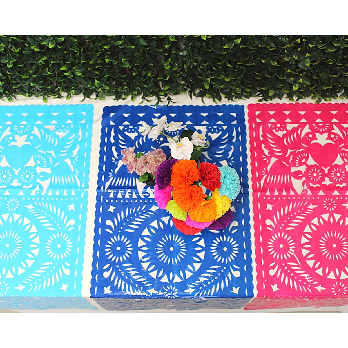 FIESTACONNECT Plastic Papel Picado Table Runner 3 Inch Pink Royal Blue Turquoise