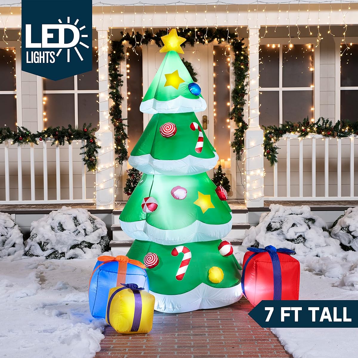 Joiedomi 7ft LED Light Up Giant Christmas Tree Inflatable with 3 Gift Packaging Boxes, Perfect for Blow Up Yard Decorations, Indoor Outdoor Yard Garden Christmas Decorations