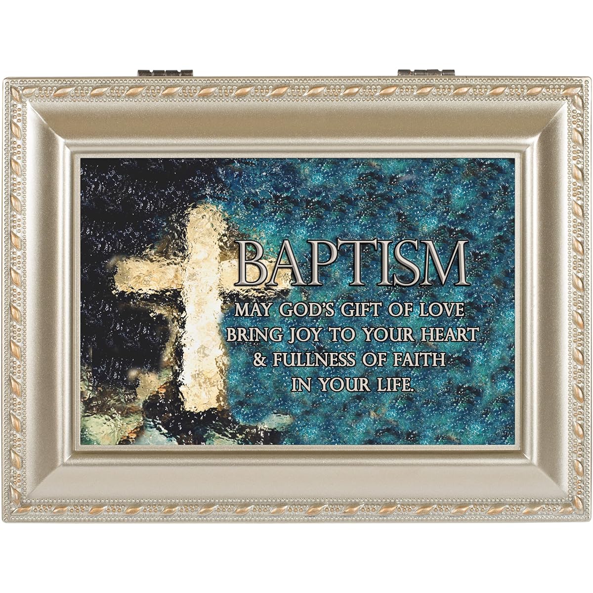 Baptism Gods Gift of Love Joy Champagne Silvertone Keepsake Music Box Plays Amazing Grace