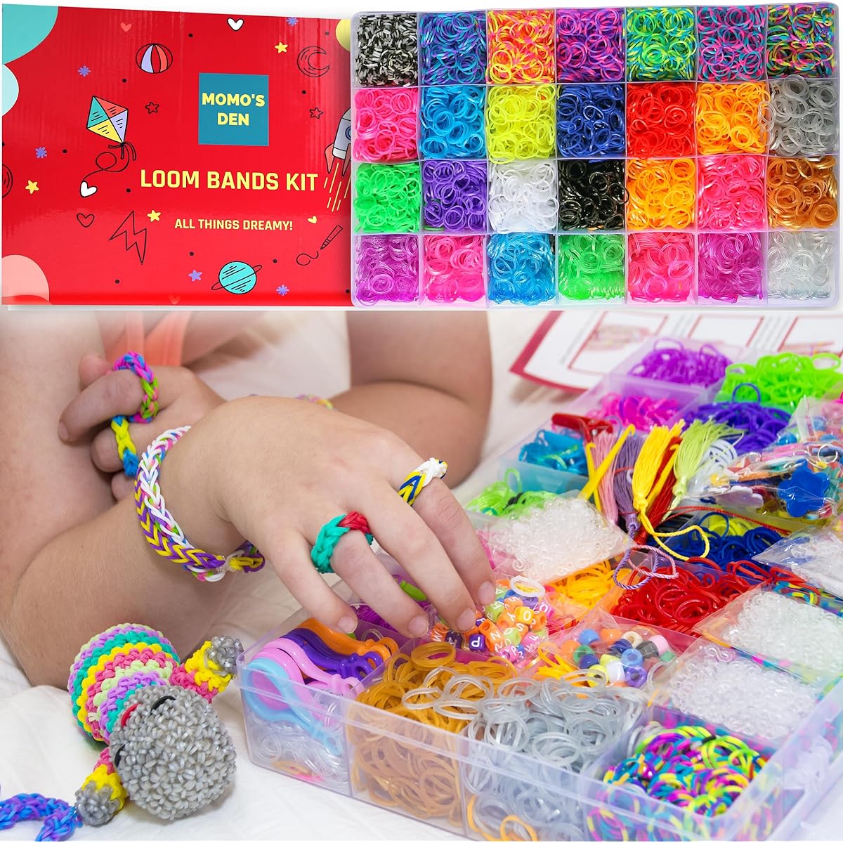 Momo's Den 12100+ Loom Rubber Band Bracelet Kit with Large Gift Case and Premium Quality Accessories, 28 Unique Bright Color Bands, Refill Kit for Girls and Boys