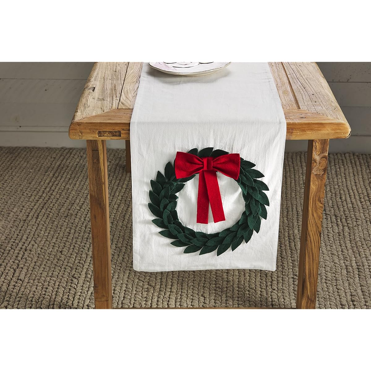 Mud Pie Christmas Wreath Table Runner, Cream, 72" x 16"