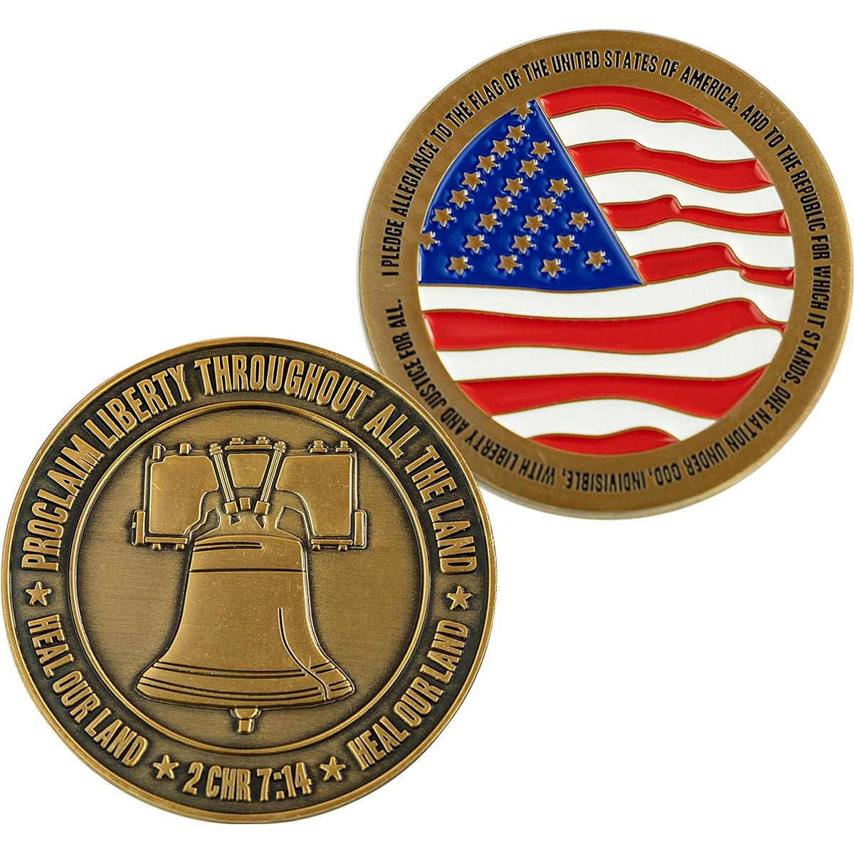 Pledge of Allegiance Liberty Bell American Flag Set of 3 Patriotic Military Challenge Coins Freedom and Justice Heal Our Country Christian Religious Prayer Token Gift