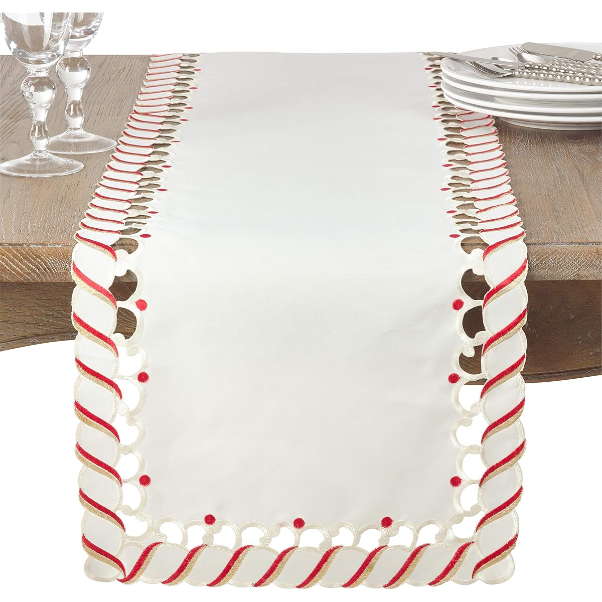 Ivory White and Red Holiday Christmas Candy Cane Table Runner 16" x 54" Rectangle 100% Polyester (1 Piece)