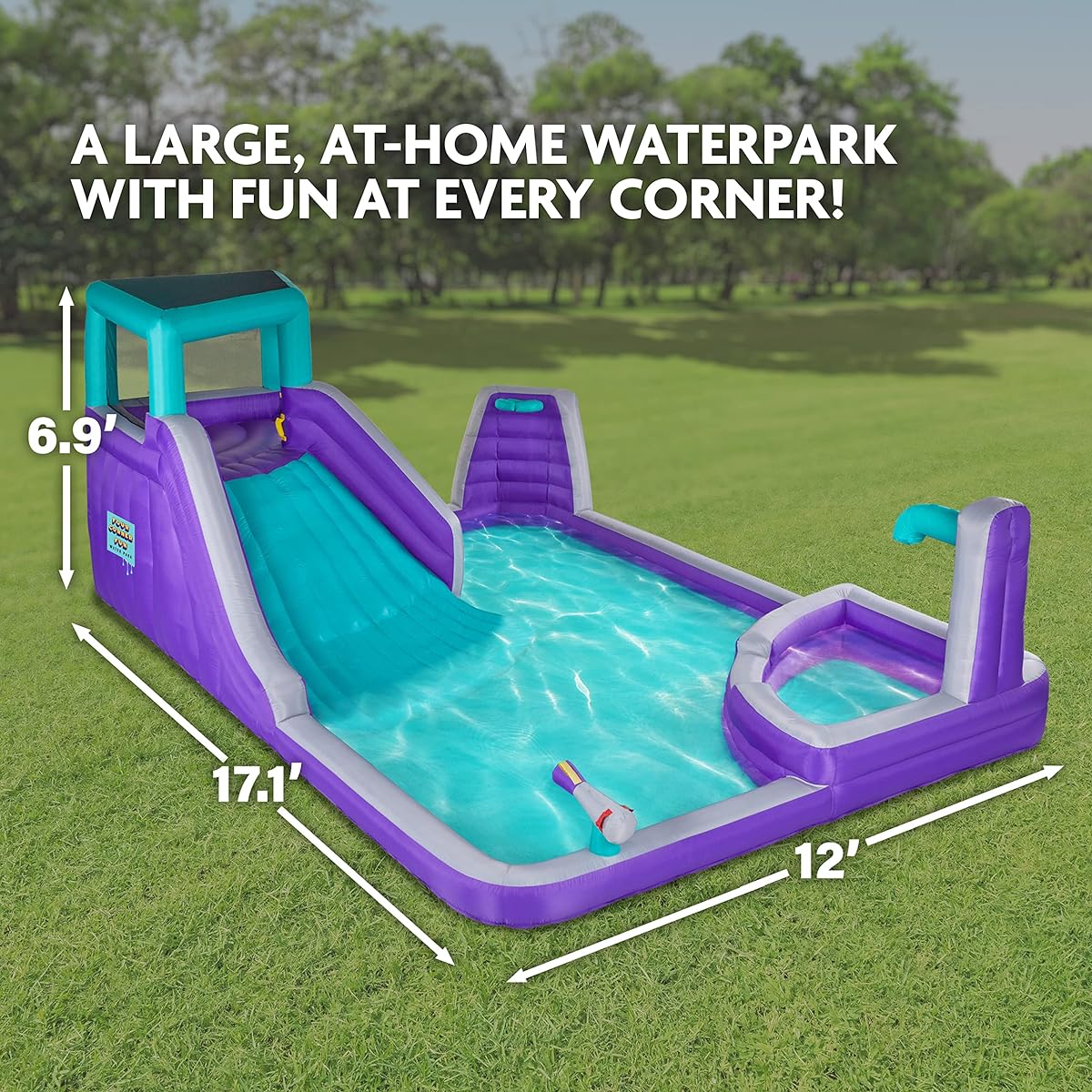 Sunny & Fun 4 Corner Inflatable Water Slide Park - Heavy Duty Outdoor Fun - Climbing Wall, Slide & Deep Pool - Easy to Set Up and Inflate - Includes Air Pump and Carry Case