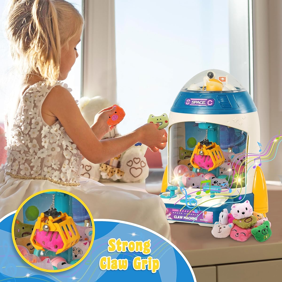 Bambibo Mini Claw Machine for Kids, Blue Rocket Vending Machine for Kids, Mini Arcade Game for 3-8 Years Old, Mini Arcade Machine with Music Tunes, Small Arcade Machine for Home Use