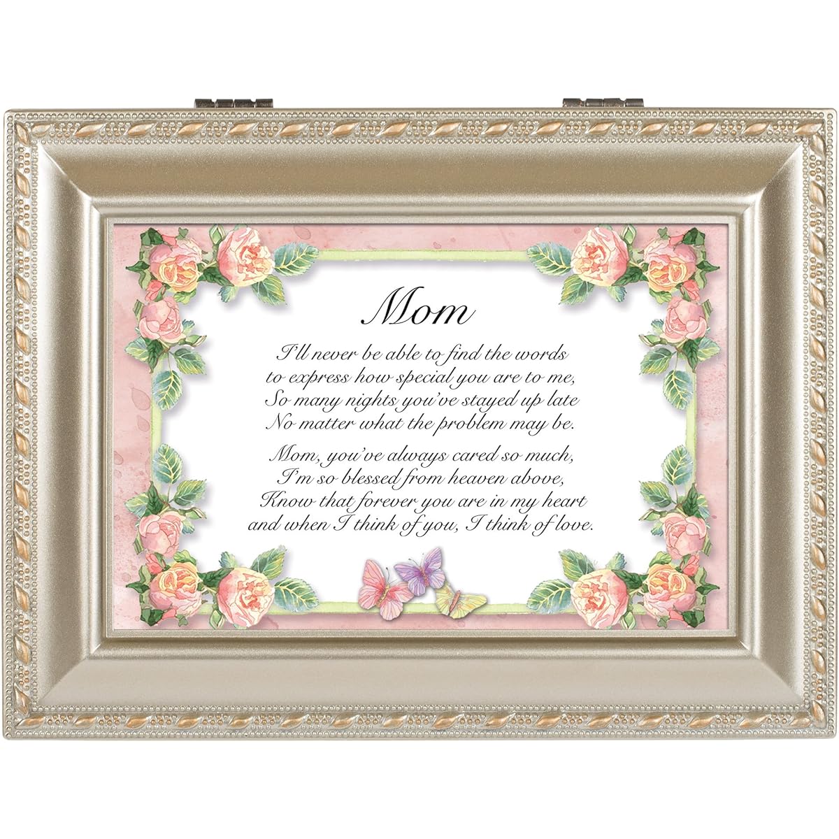 Mother Floral Butterfly Champagne Silver Finish Music Jewelry Box Plays Wind Beneath My Wings