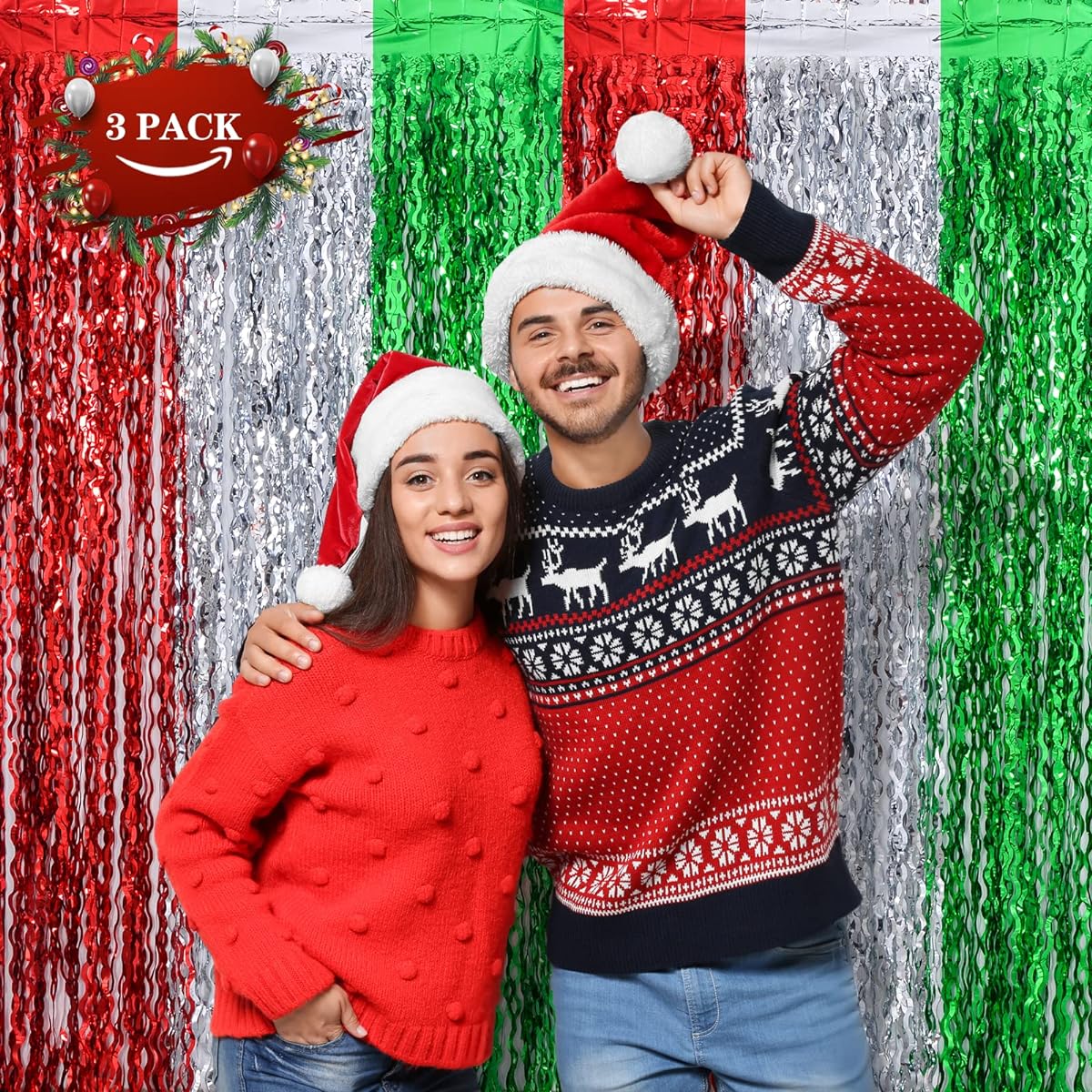 LOLStar Christmas Foil Fringe Curtain Christmas Party Decorations 3.3x6.6ft Red Silver Green Wavy Tinsel Fringe Party Photo Backdrop Streamer Backdrop for Christmas New Year Ugly Sweater Party