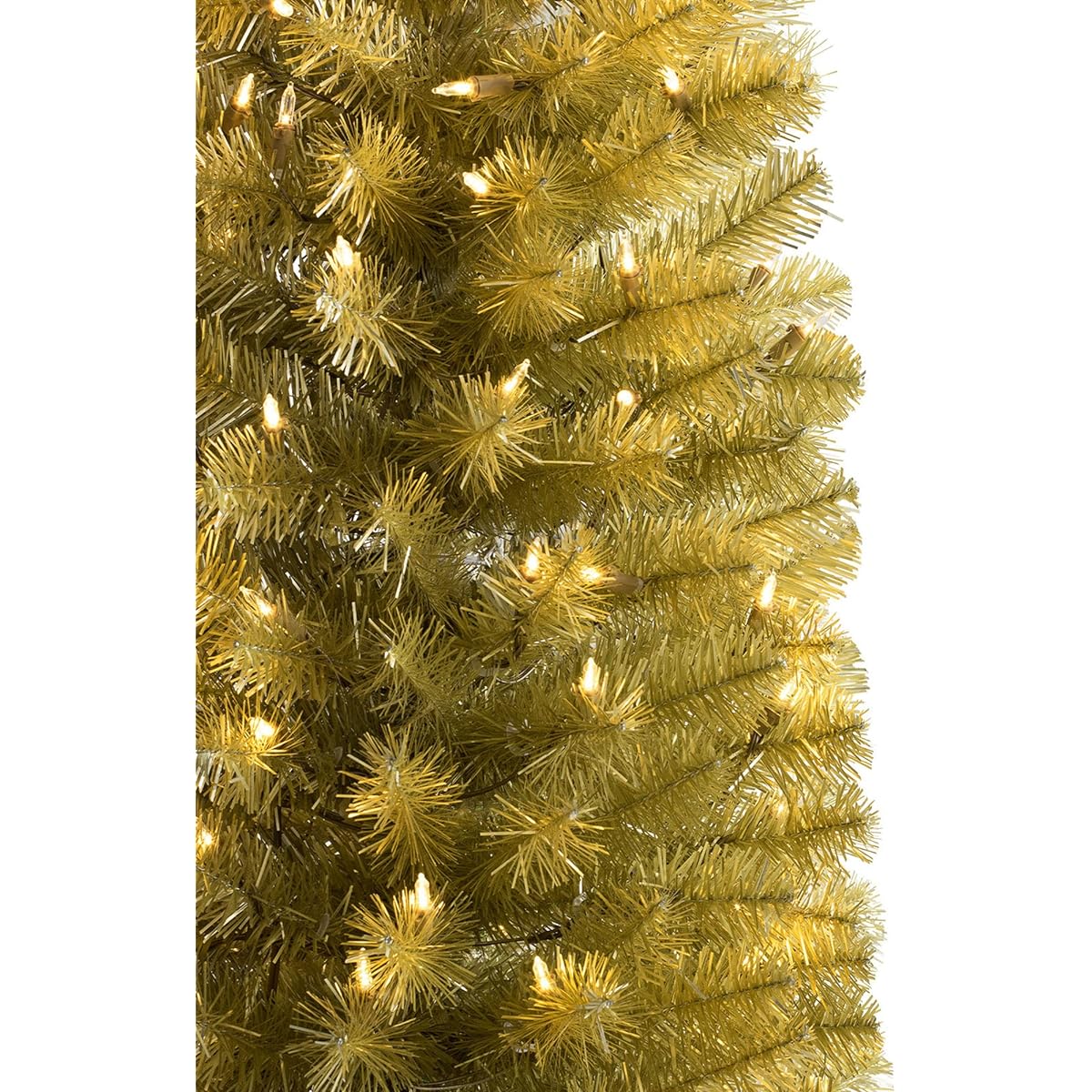 Treetopia Struck Gold 6ft Artificial Hinged Pencil Thin Lighted Tinsel Christmas Tree Clear LED Light Stand On/Off Foot Pedal