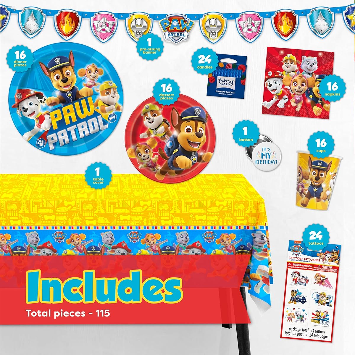 Paw Patrol party supplies and decorations, Paw Patrol birthday party supplies for up to 16 guests. Officially licensed merchandise including table covers, banner decorations, plates, napkins and more.