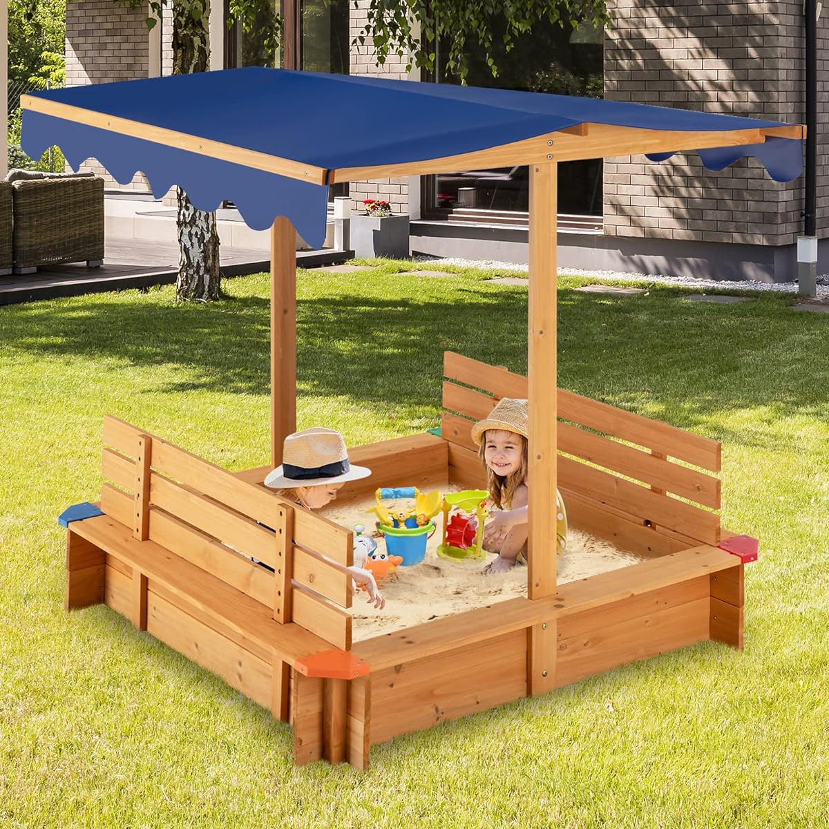 HONEY JOY Kids Sandbox with Canopy, 47x47" Cedar Wood Sand Pit with Liner, Flexible Bench Seat and Backrest, Outdoor Square Sandbox for Backyard, Boys and Girls, Ages 3+