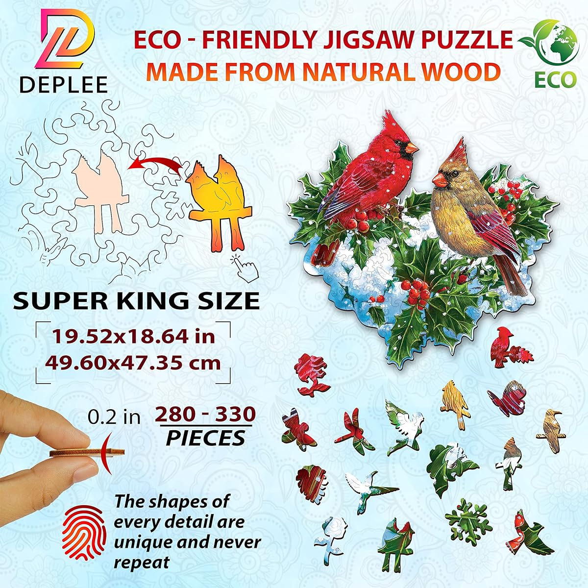 DEPLEE Wooden Puzzle for Adults Cardinal Wooden Jigsaw Puzzle Unique Shape Wooden Animal Puzzle Creative Challenge for Adults/Family/Friends | 314 Pieces – 19.5x18.6 Inch (49.6x47.35cm) | Super King