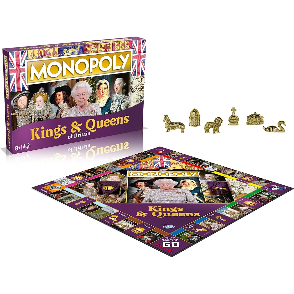 Kings and Queens of Britain Monopoly Board Game, Advance to Alfred the Great, Henry VIII, Victoria and Elizabeth II, expand your empire and trade your way to victory, gift for players aged 8 plus