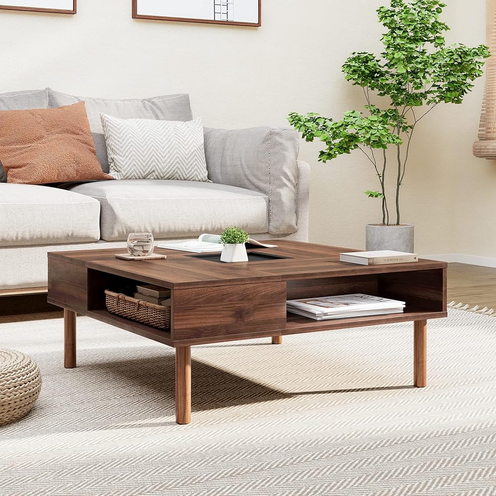 WAMPAT Low Table Center Table Square Wood Coffee Table Low Table Compact Storage with Hidden Storage Space Living Table Width 80 x Depth 80 cm x Height 33 cm Walnut W02K2081A