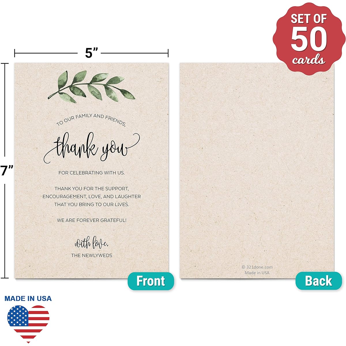 321Done Thank You Wedding Place Setting Cards, Set of 50, Made in the USA, Jumbo Table Messages, XL 5x7, Watercolor, Green, Succulent, Green Leaf, Tan, Love, Newlyweds, Engagement Rehearsal
