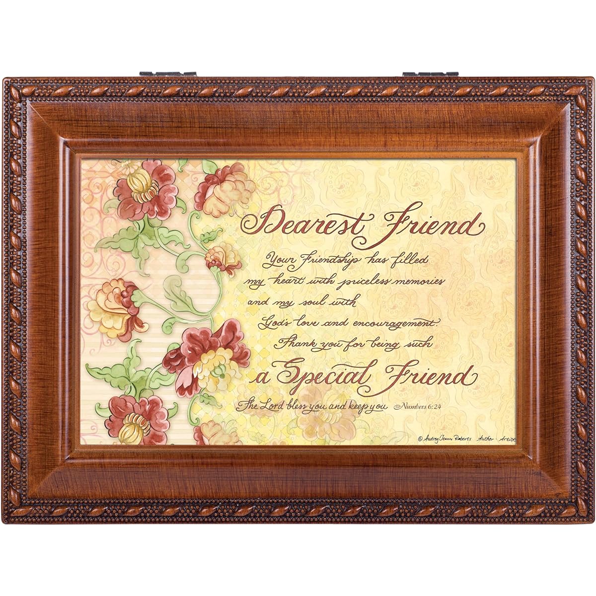 Cottage Garden Dearest Friend Fill My Heart Wood Grain Rope Trim Jewelry Music Box Playing Jesus' Friends