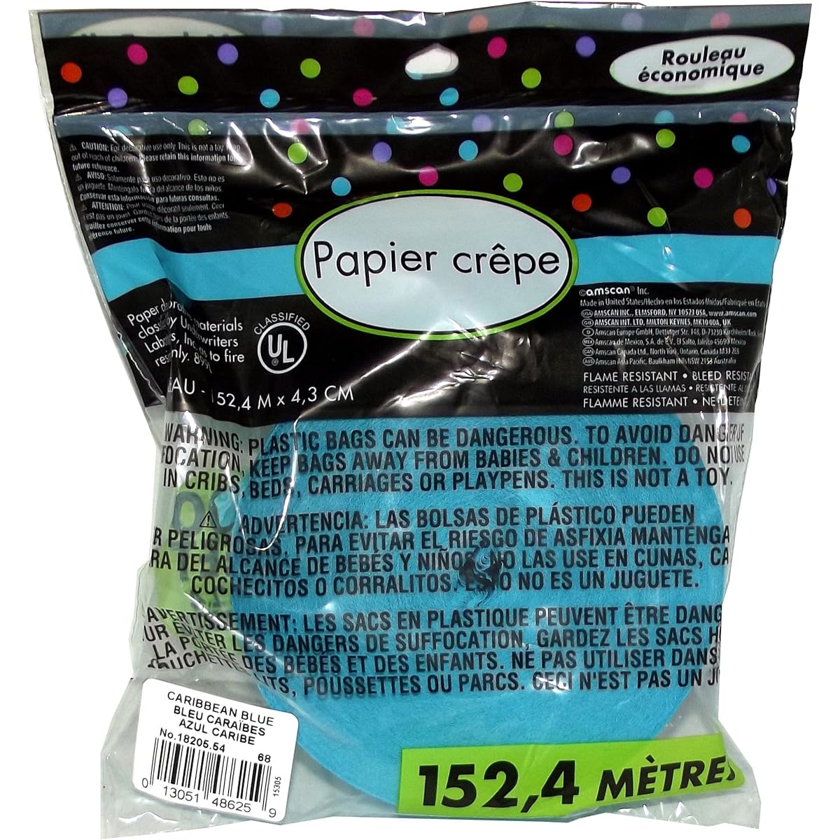 Amscan Calming Solid Crepe Streamers Jumbo Roll, 150m, Caribbean Blue