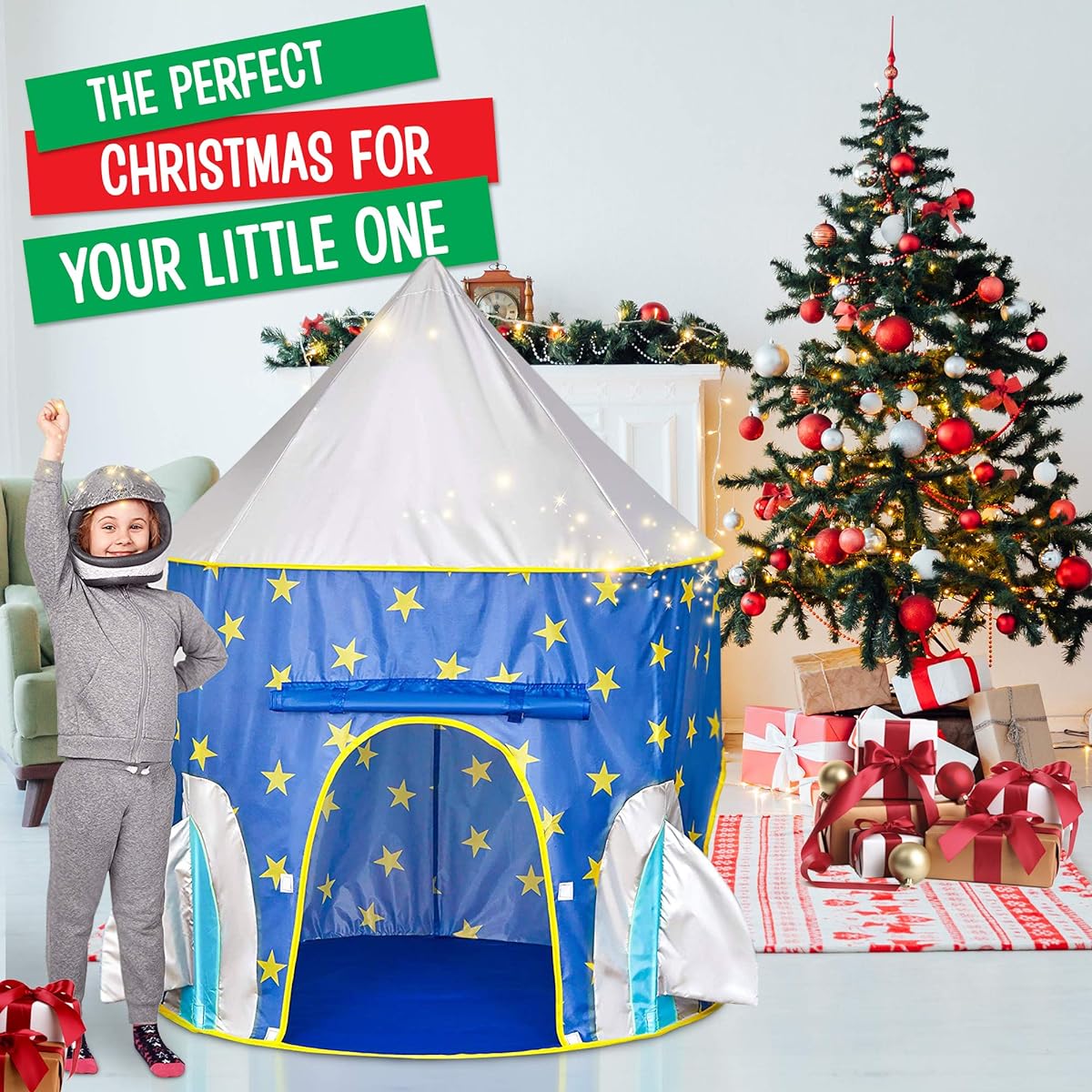 Kiddzery Rocket Ship Play Tent, with Free Bonus Space Torch Projector - Children Playhouse Durable for Indoor/Outdoor Imaginative Spaceship Design, Great Gift Idea for Boys, Girls, Toddlers and Babies