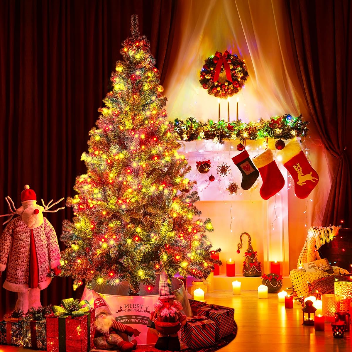 Sunnyglade 7.5ft Premium Artificial Christmas Tree with 600 LED Multicolor String Lights and Durable Metal Stand, 8 Lighting Modes, 1400 Chips, Christmas Decorations