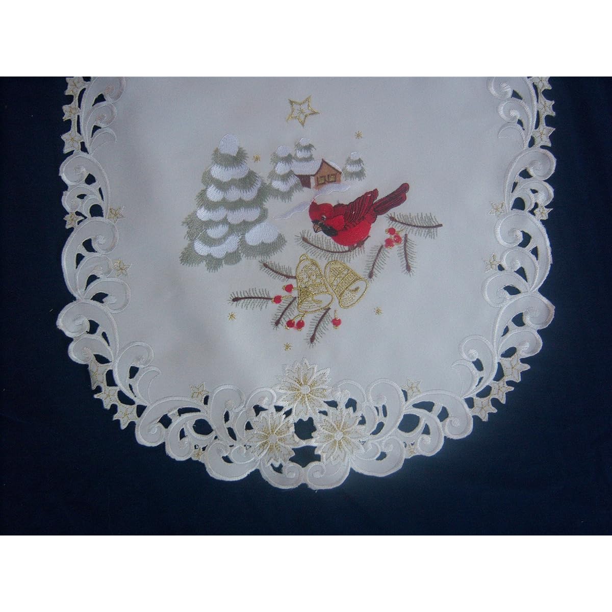 Christmas Table Runner Embroidered with Red Cardinals on Antique Fabric, Size 48 x 15 Inches