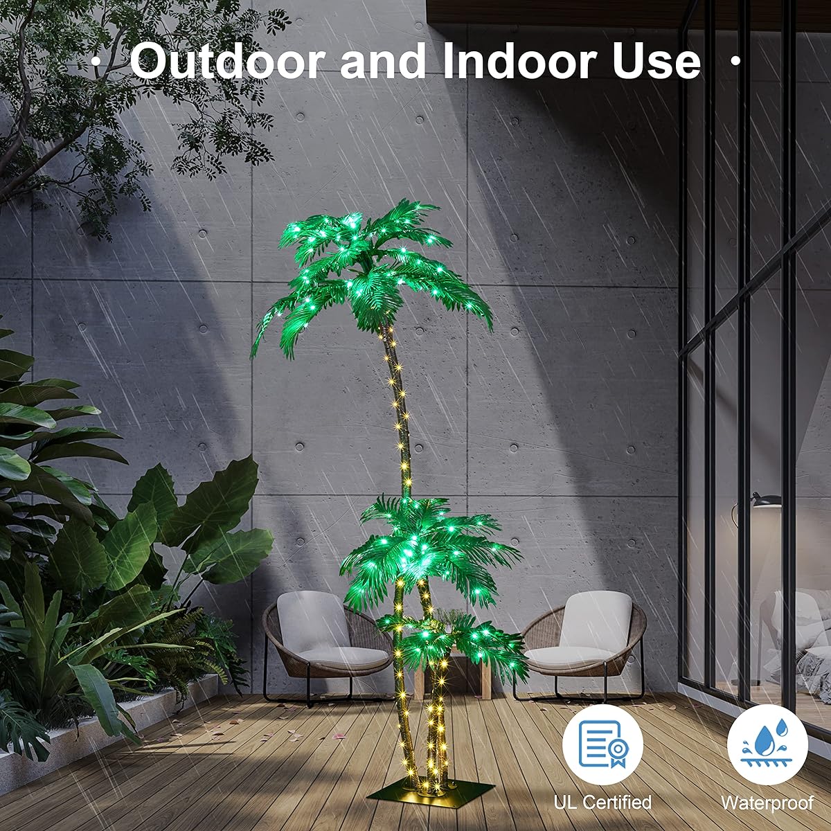 Solar Light Palm Tree 7ft 3ft 2ft Artificial Palm Tree for Outdoor with 218 LED Lights Fake Tree for Indoor Outdoor Patio Hawaiian Tiki Bar Decor