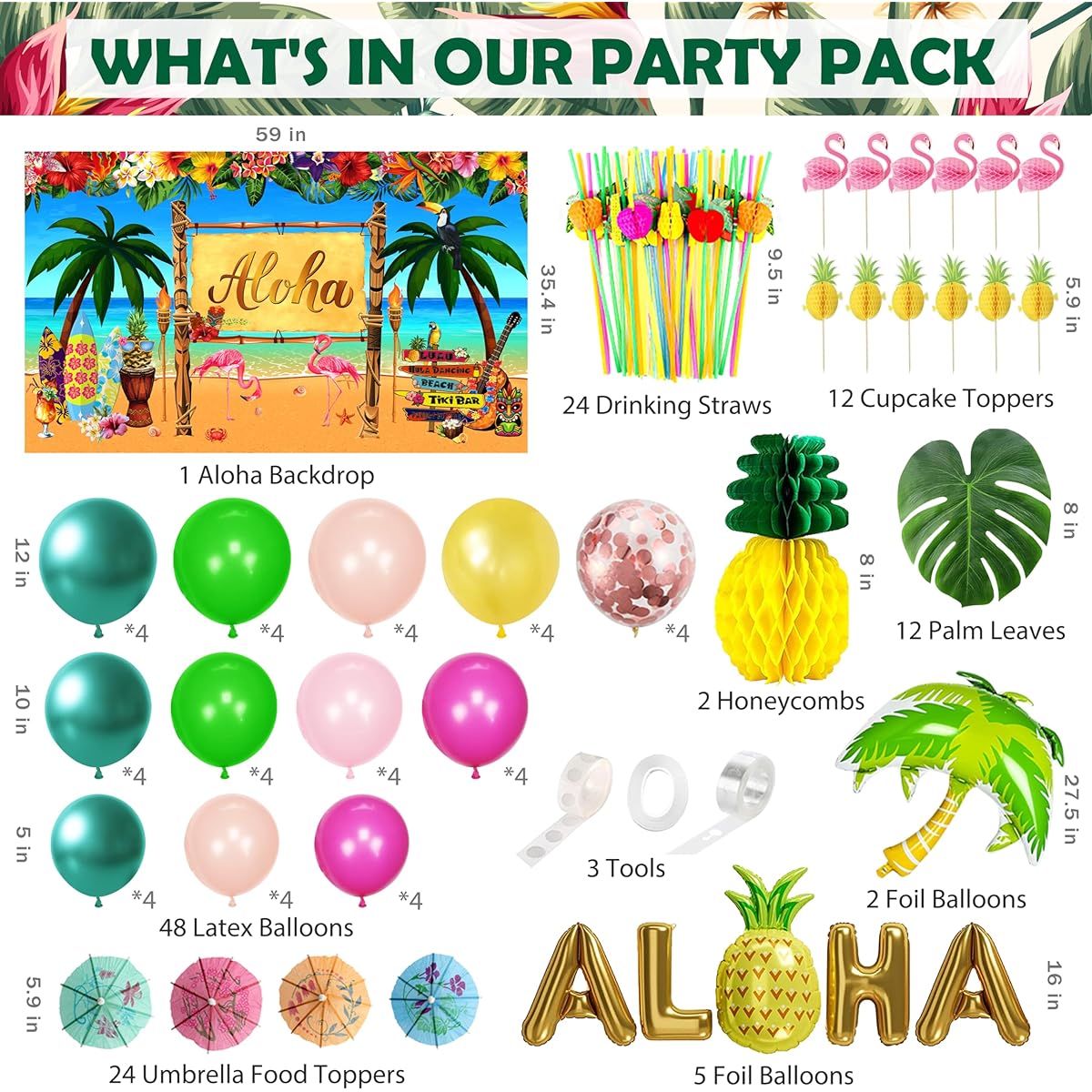 Luau Birthday Party Decorations 323pcs Hawaiian Tropical Aloha Party Supplies Summer Beach Holiday Disposable Tableware Set (24 Guests), Table Skirt, Straws, Backdrop Banner, Balloon Garland Kit (Luau-01)
