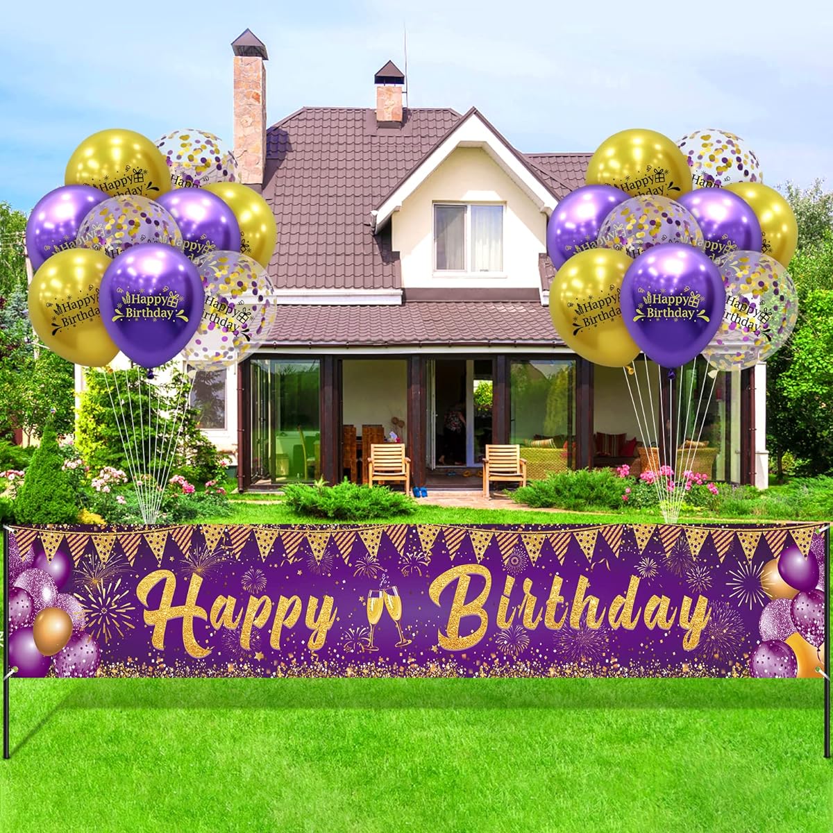 Purple Happy Birthday Decoration Banner for Women Girls Birthday Balloons 18 Pieces (Happy Birthday Banner + 18 Balloons)