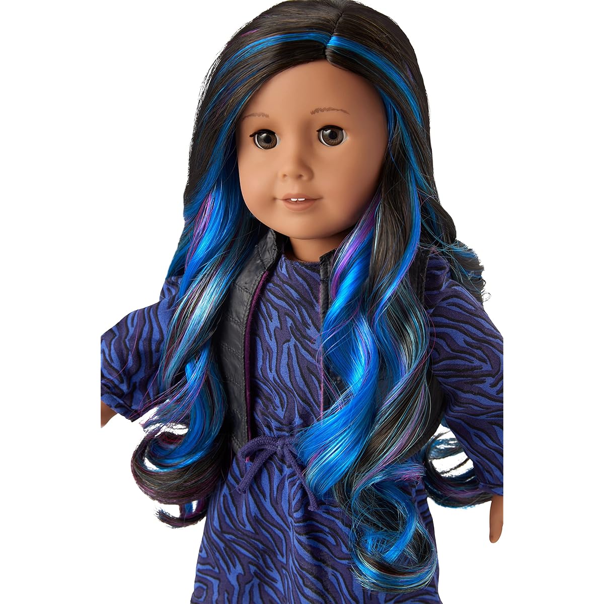 American Girl Truly Me 18" Doll #92 Brown Eyes Black-brown Curly Hair Blue & Purple Highlights Tan Skin Warm Neutral Undertones