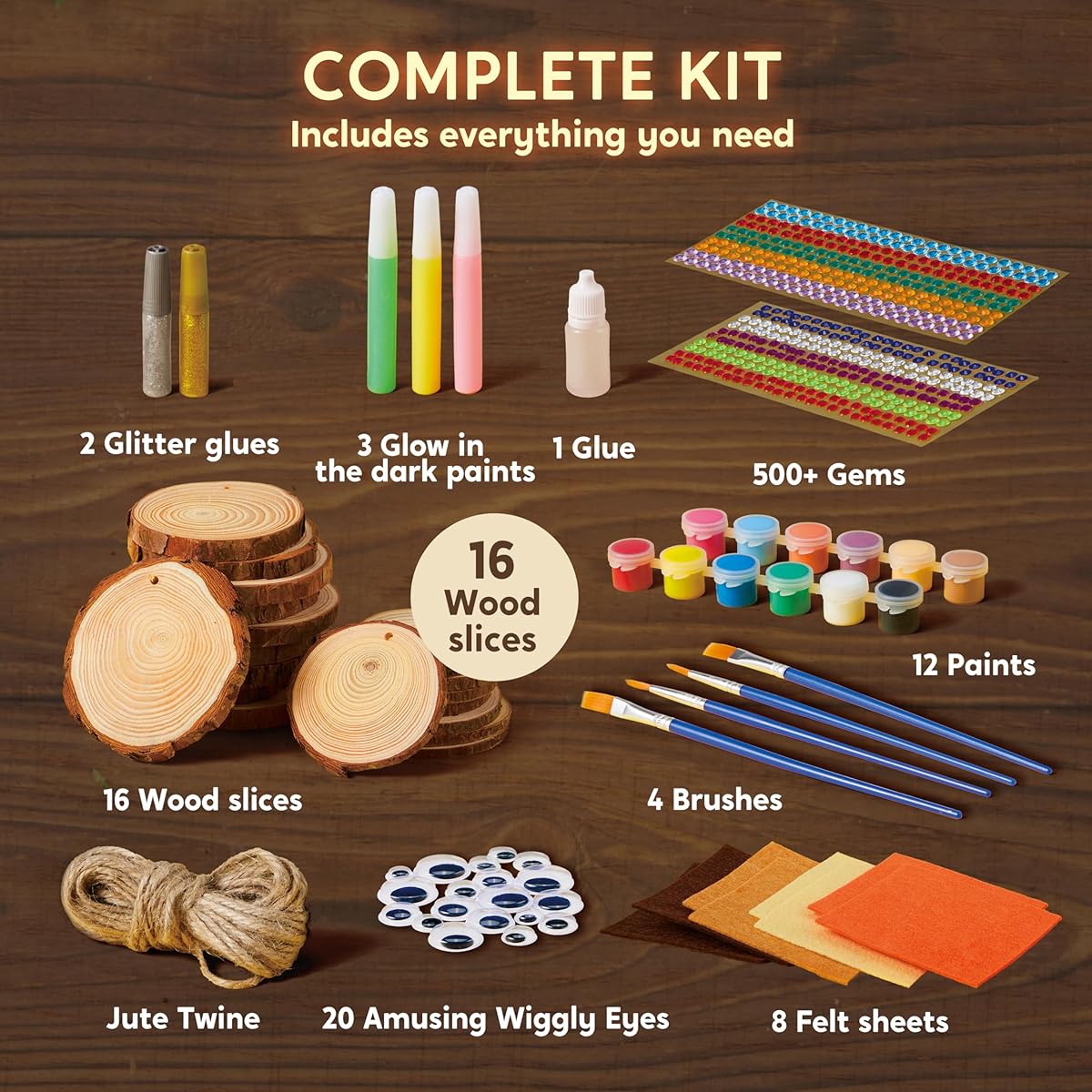 Klever Kits 16 Pieces Wooden Painting Kit - Glow in the Dark - Arts & Crafts Art Supplies for Kids Ages 6-12 with Felt Sheet, Boys, Girls, Birthday Party Gift